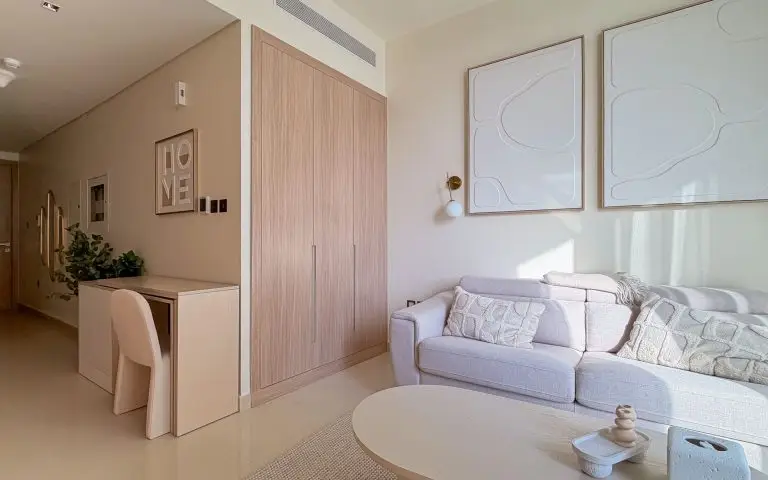 Finished apartment interior with bespoke storage and fitted desk